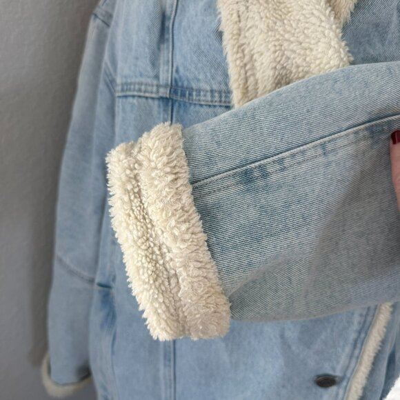 FREE PEOPLE We the Free Twisted Heart Cozy Blue Denim Fleece Jacket Medium - Picture 13 of 15